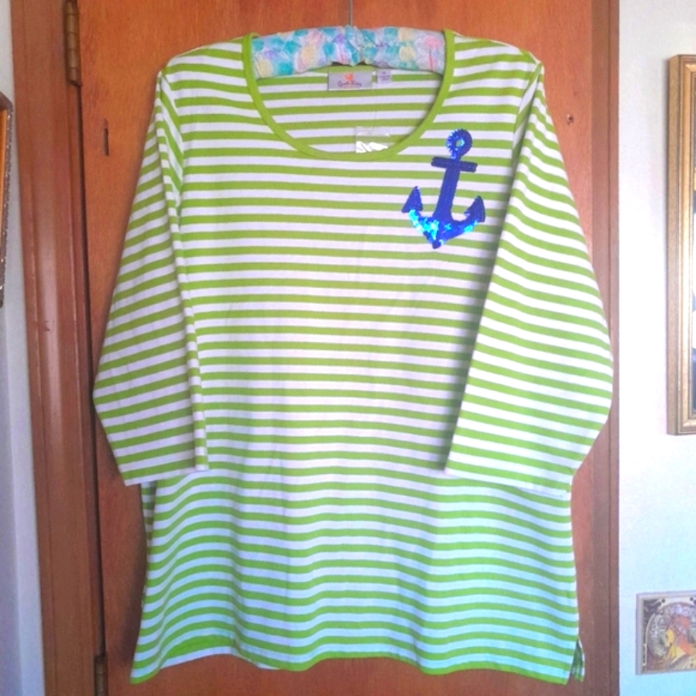 Nwot Quacker Factory Striped Sequin Anchor 3/4 Sl… - image 1